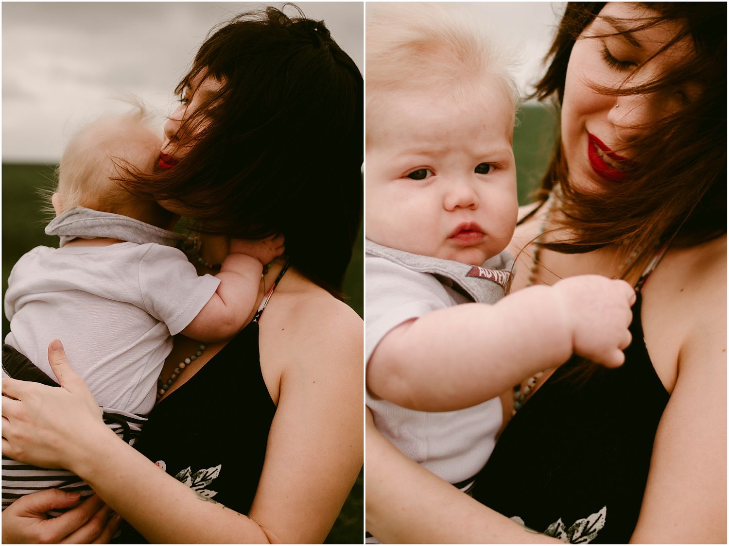 Two candid shots capturing loving moments between parent and baby outdoors.