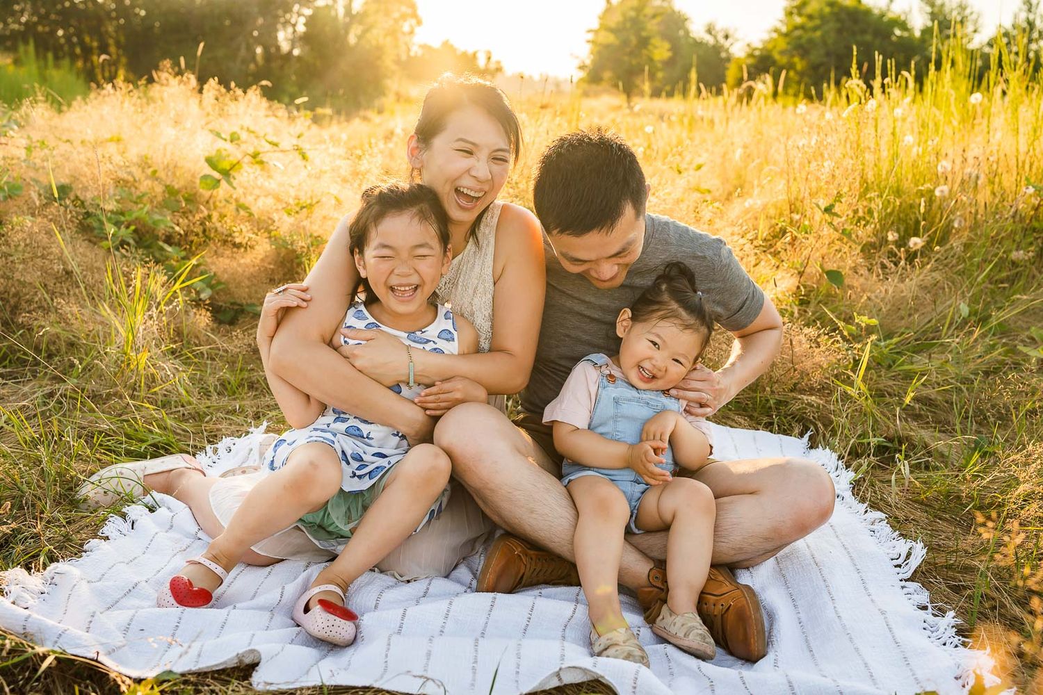Family photo at Marymoor park, golden hour, backlit
