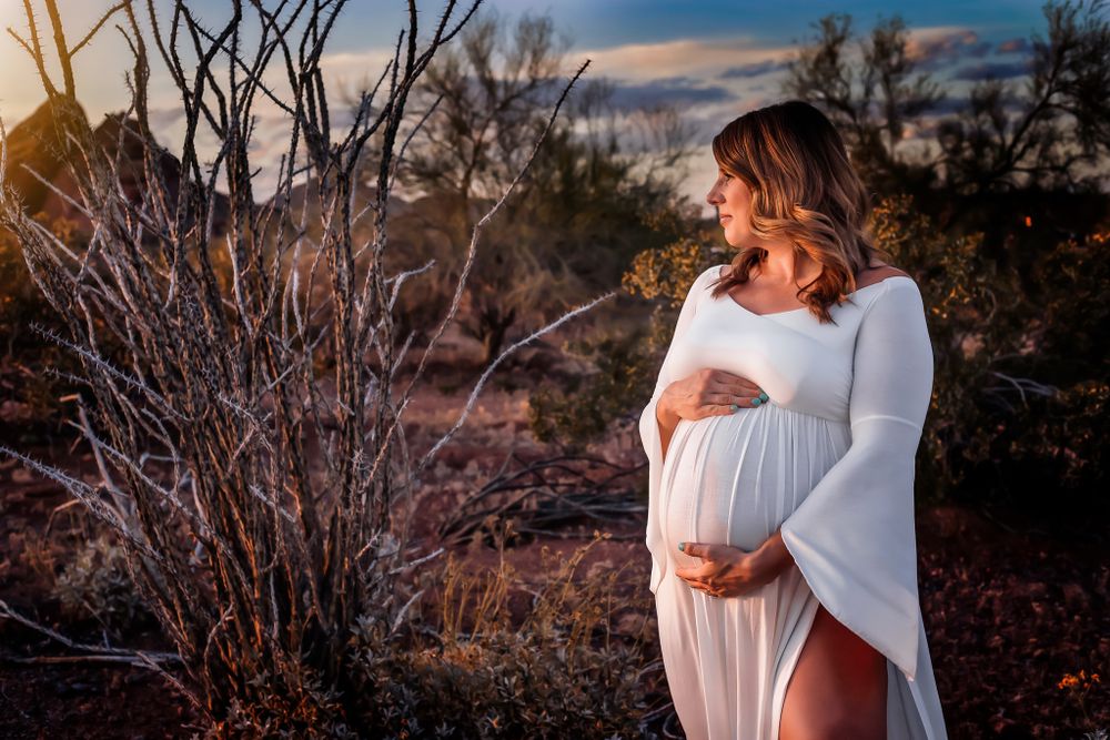 pregnant woman in white looking to the sun in desert and mountain landscape