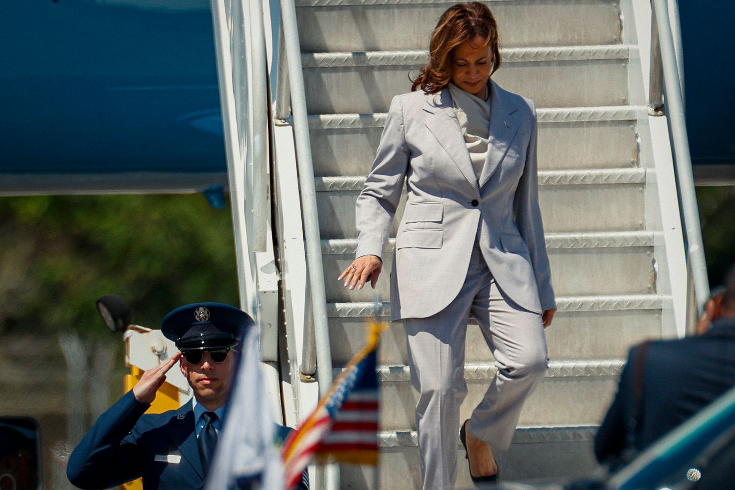 U.S. Vice President Kamala Harris arrives at the Muñiz Air National Guard Base in San Juan, Puerto Rico