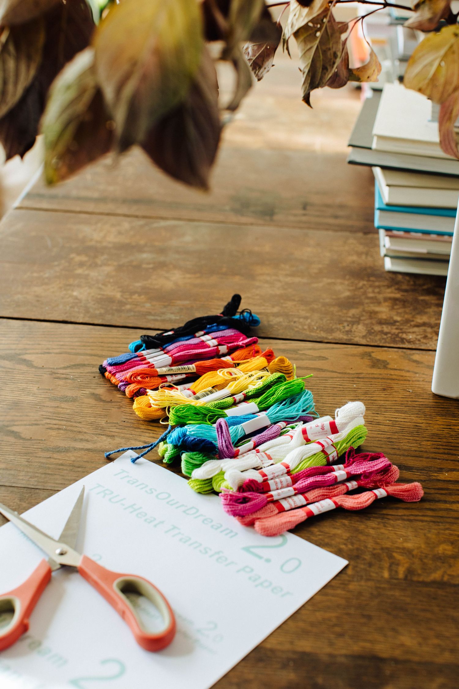 Colorful embroidery floss threads arranged on a wooden table with white paper.