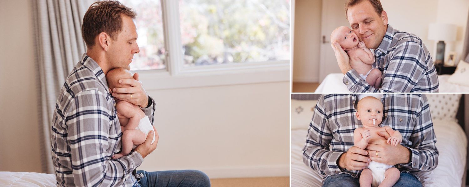 Tender moments shared between parent and baby in a sunlit room with plaid shirt.