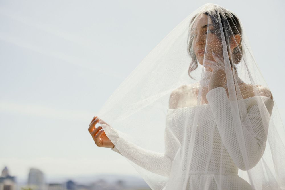 Ethereal backlit portrait of bride holding veil against bright sky.