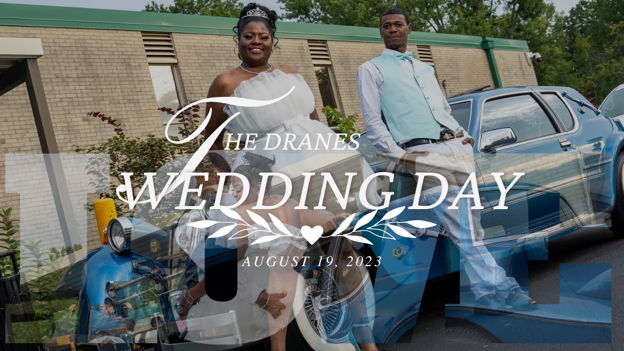 Wedding day photo featuring classic car and decorative text overlay.