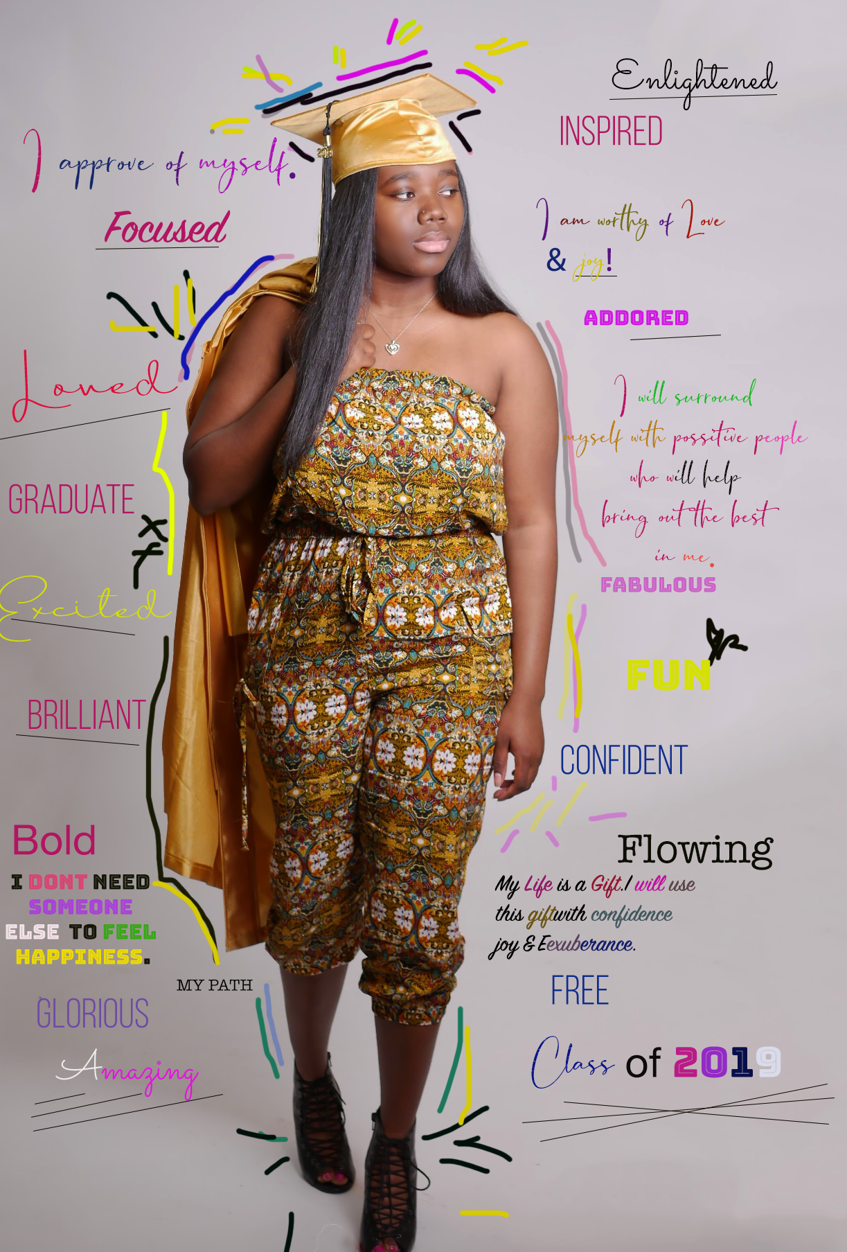 Graduate in gold dress and cap surrounded by inspirational words and doodles.