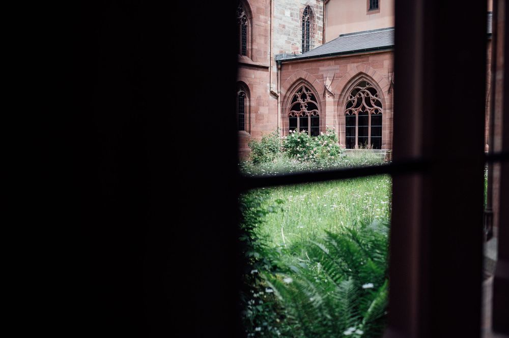 View through window of gothic church courtyard with lush green garden.