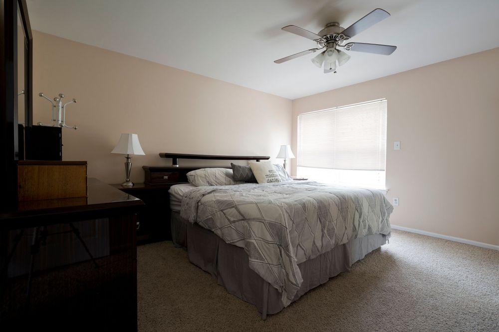 Neutral-toned master bedroom with ceiling fan, large window, and contemporary furniture.