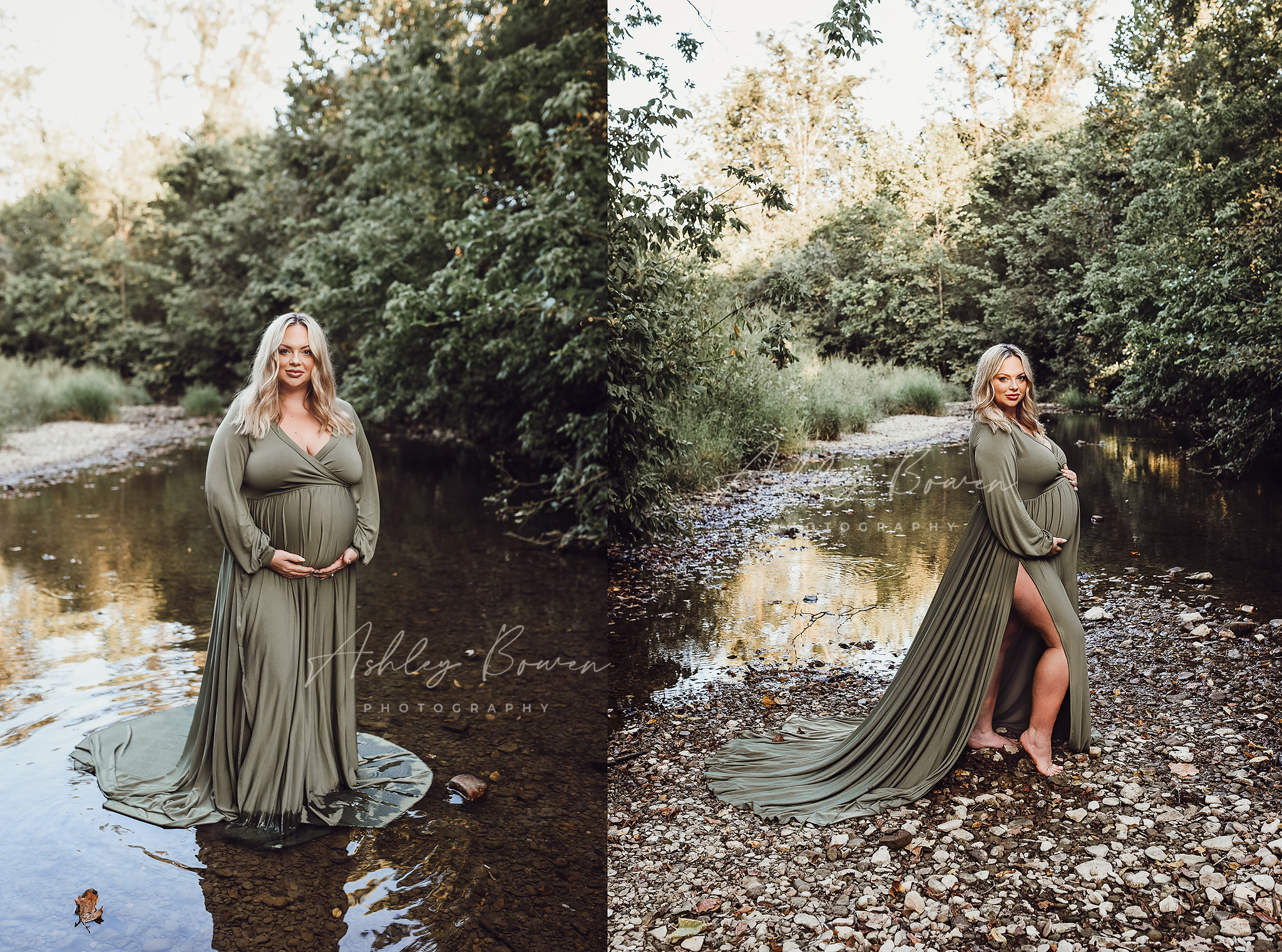 Pregnant woman in flowing olive green maternity gown posing in a serene forest creek setting.