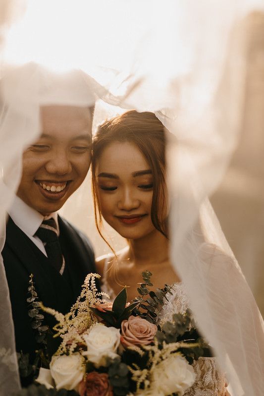 Close-up shot of a wedding couple sharing a tender moment with soft natural lighting.