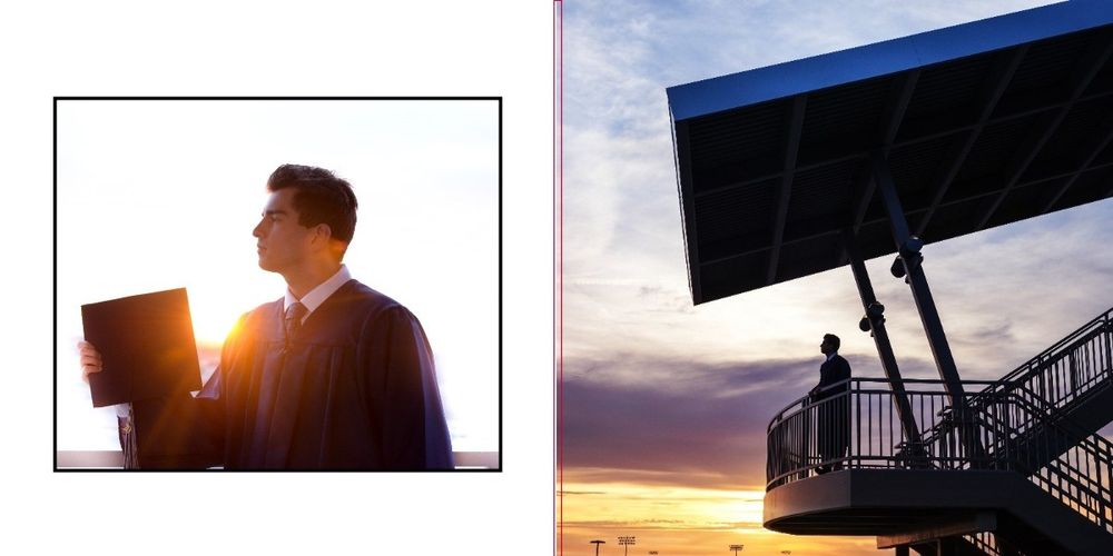 Silhouetted figures on viewing platform against dramatic sunset sky.