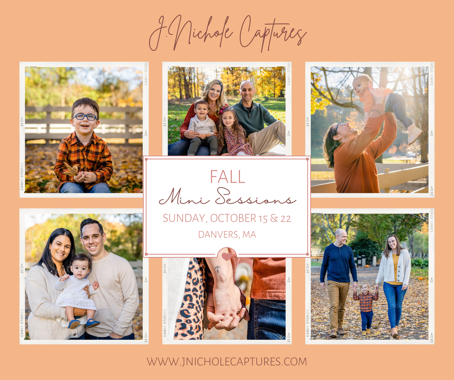 Collage of autumn family photo session images in peach toned border with text overlay.