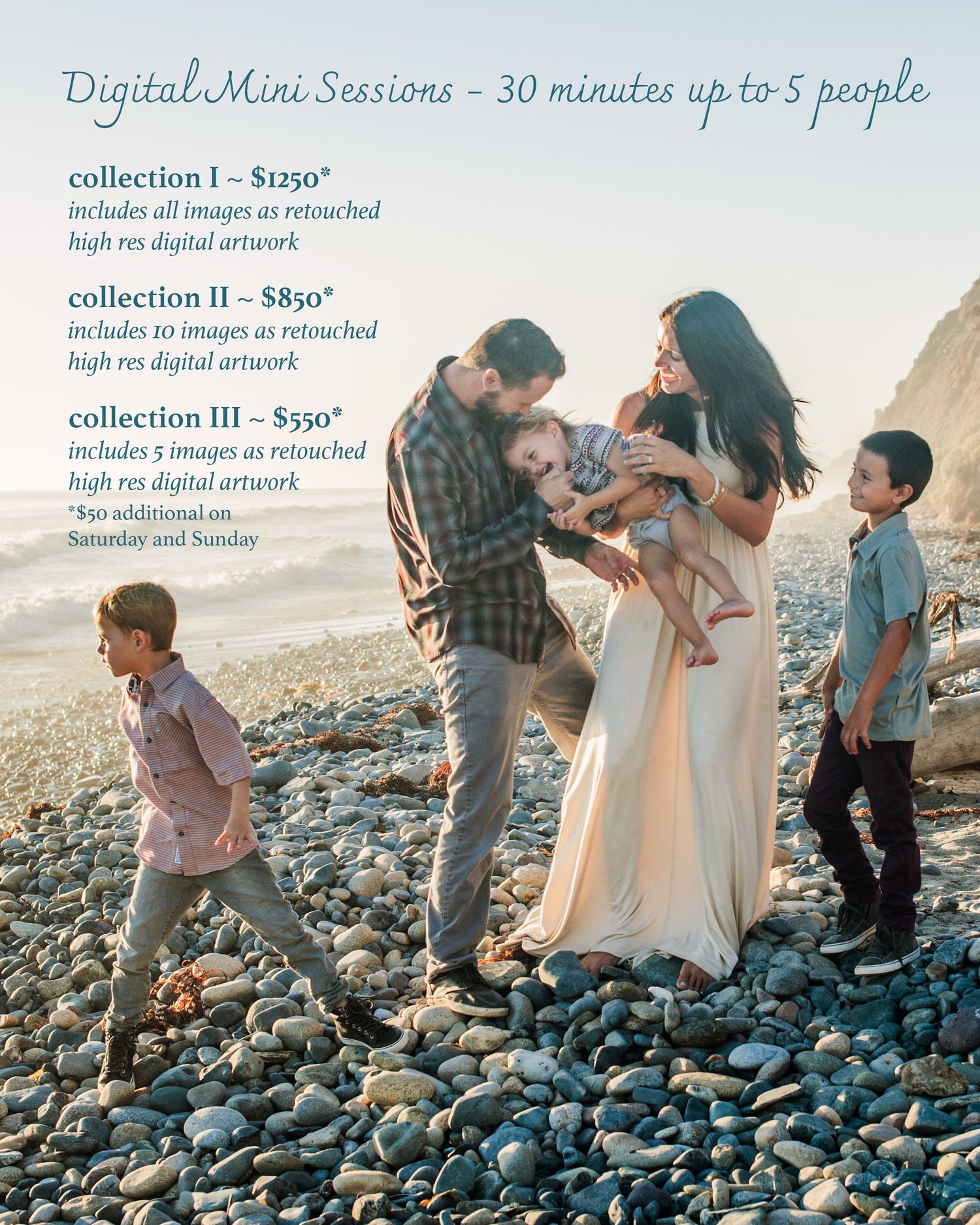 Photography pricing card for digital mini sessions featuring a family on a rocky beach.