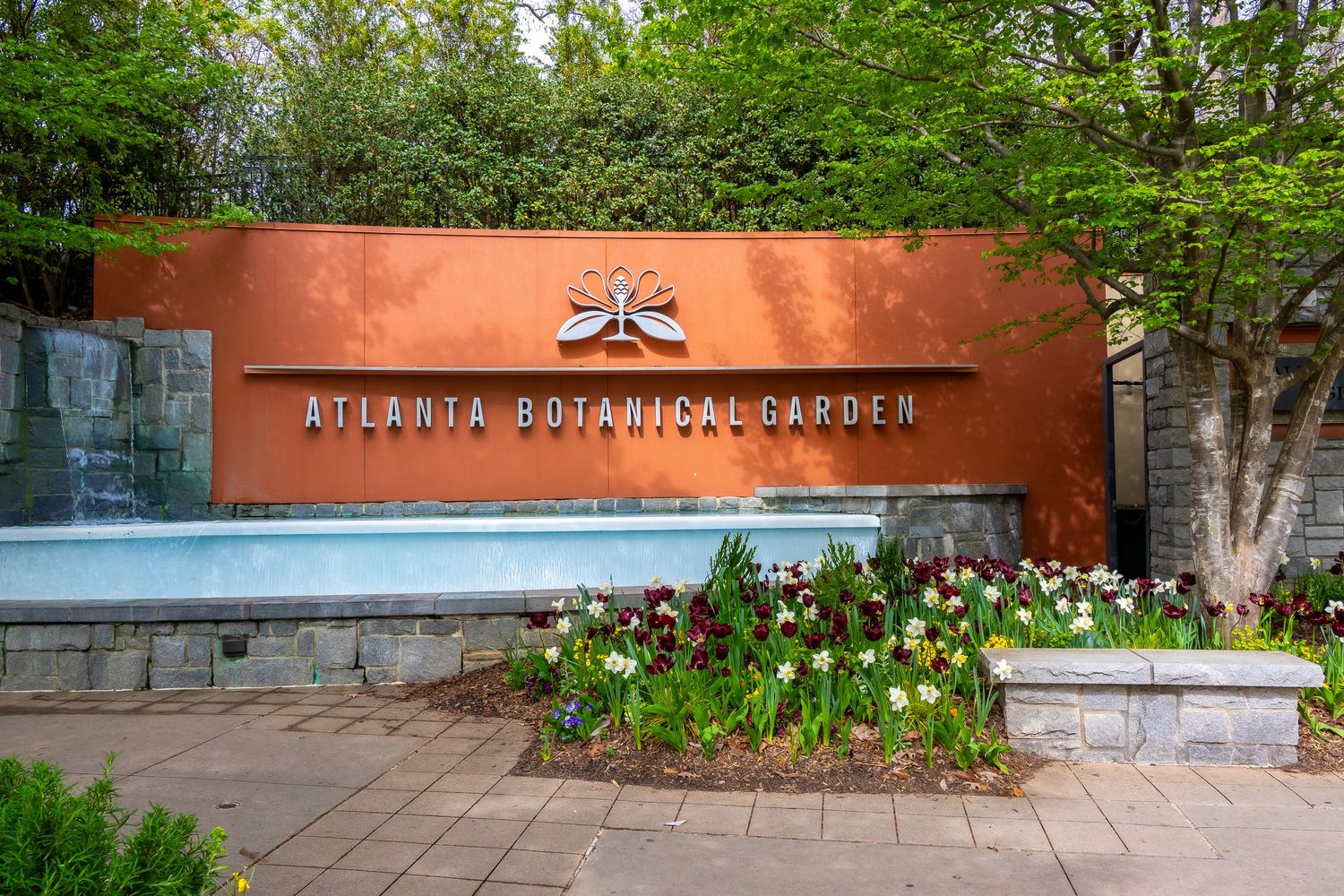 Atlanta Botanical Garden entrance sign with water feature and colorful tulip garden.