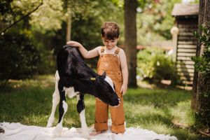 Child in orange overalls petting black and white baby goat in sunny backyard.