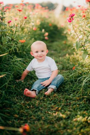 Small child sitting in a garden of pink flowers wearing white shirt and jeans on a sunny day.