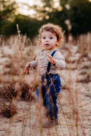 Toddler in overalls exploring tall grass during golden hour.