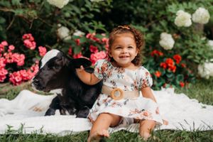 A child in floral dress sits with a black and white calf surrounded by pink and white flowers in a garden.