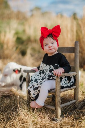 A baby in a black and white outfit with red bow sits in rustic chair with farm animals nearby.