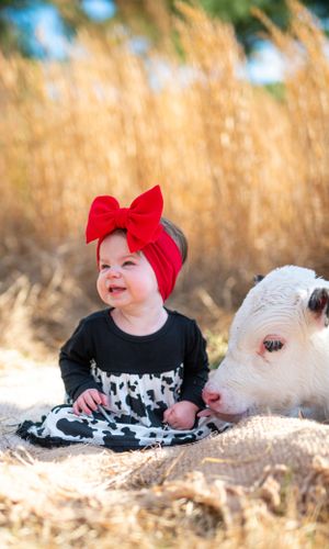 A baby wearing a red bow headband sits with a white calf in a sunny field.