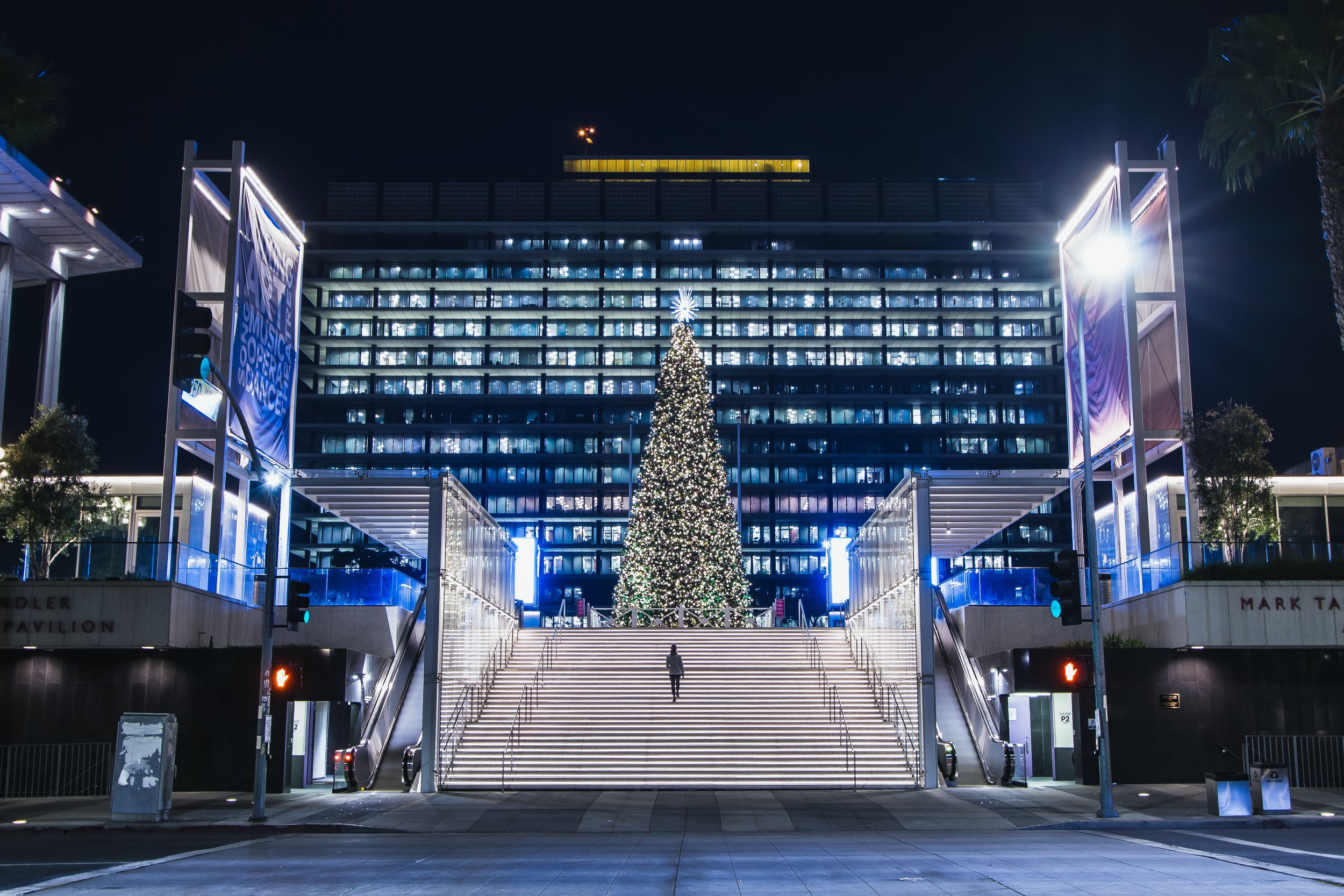 Girl walking up stairs towards giant Christmas tree at night in downtown Los Angelese.