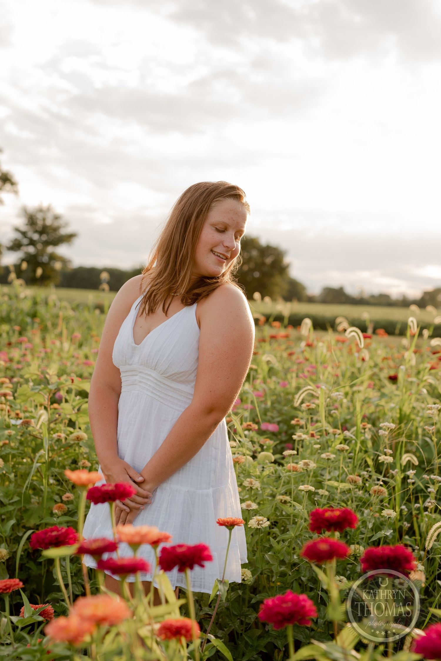 A golden hour portrait in a field of red zinnias during sunset.