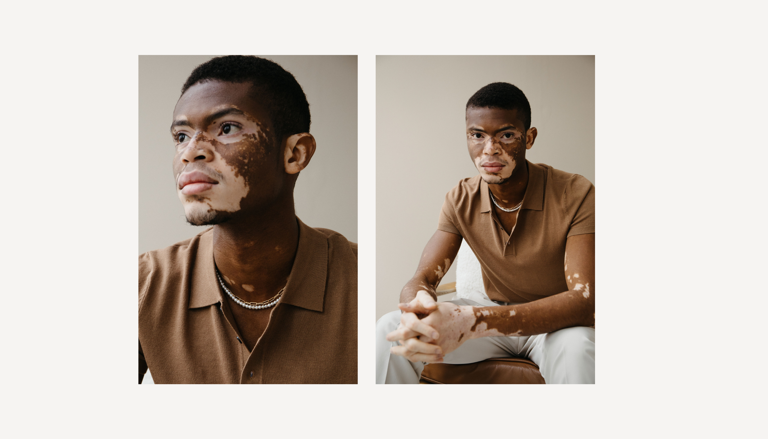 Two minimal studio portraits showing men's jewelry against a light background, one closeup and one sitting.