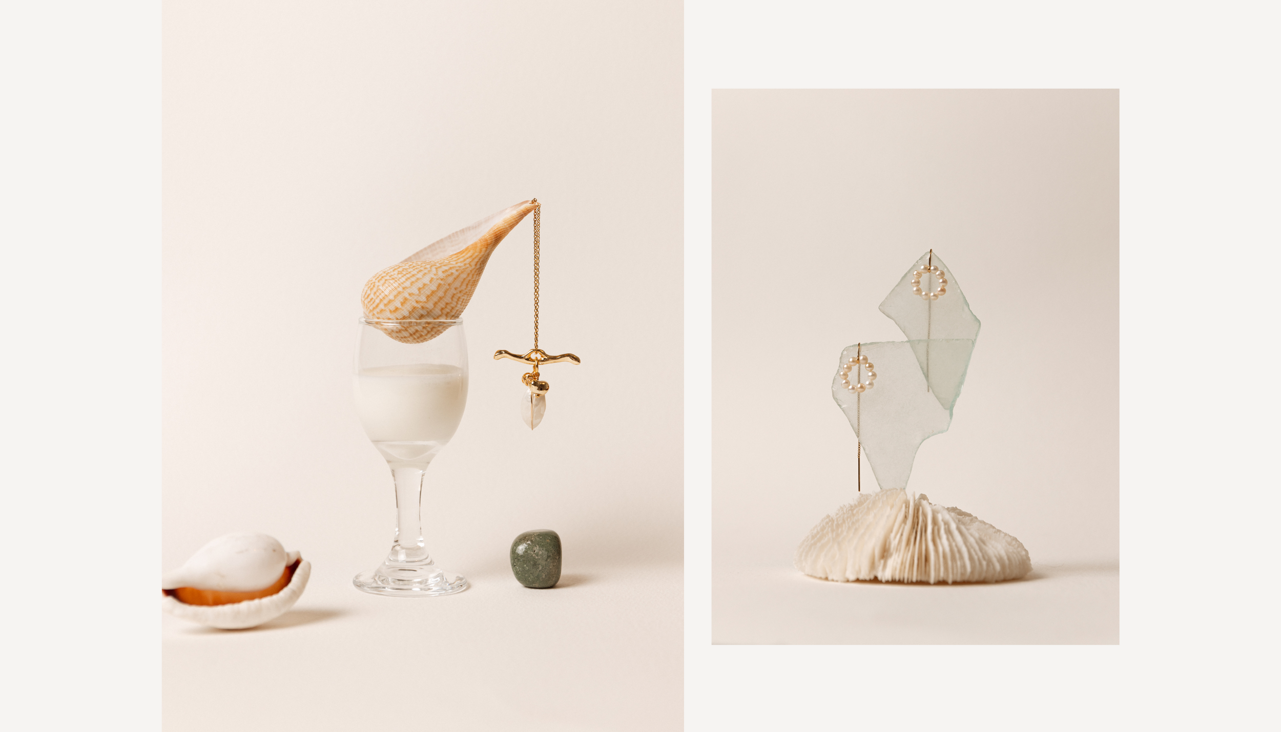 Minimalist still life composition with gold sustainable jewelry white vases and organic shapes against neutral beige backgrounds.