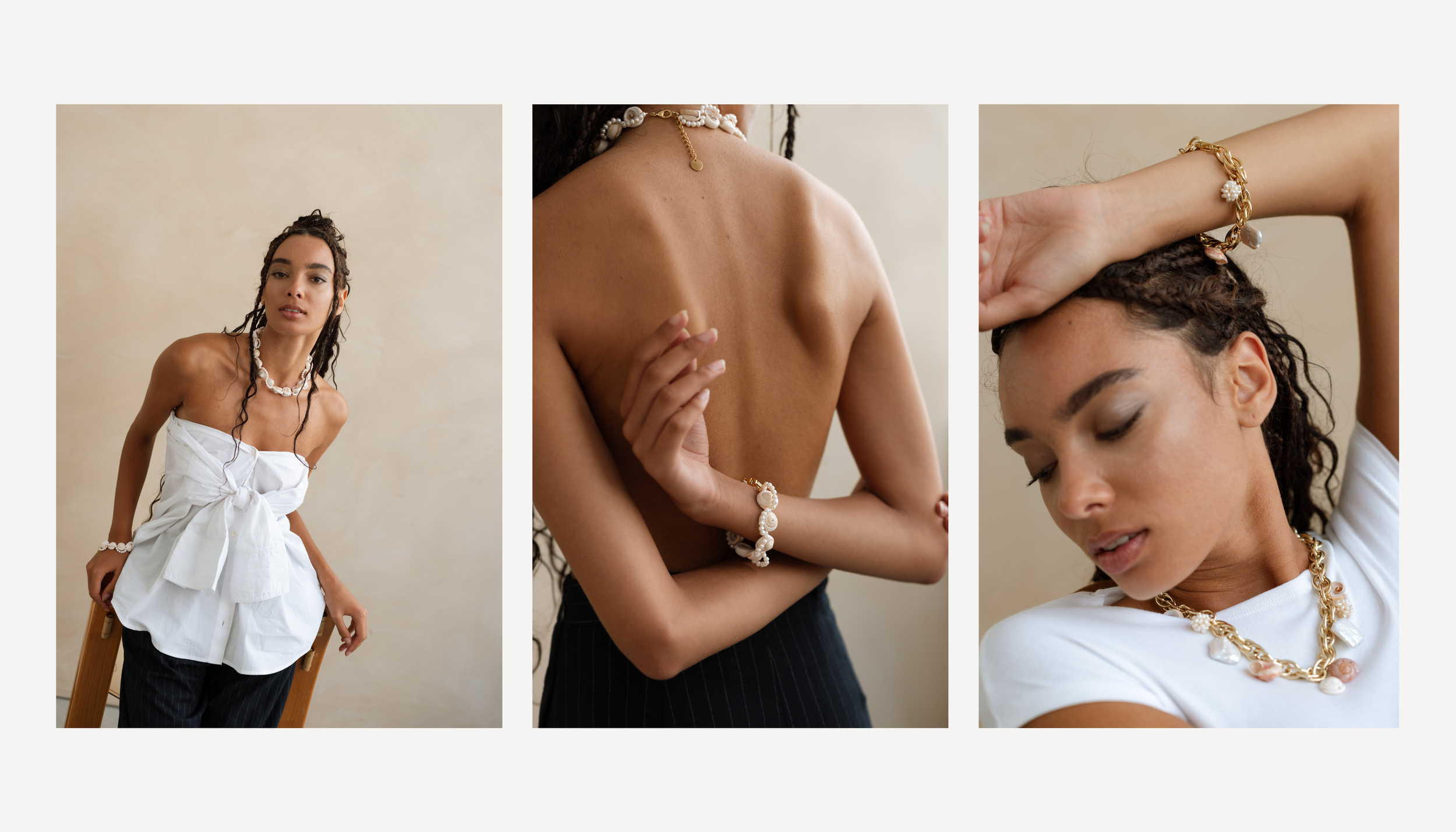 Fashion photography featuring posing against neutral backgrounds in minimal summer clothing and jewelry.