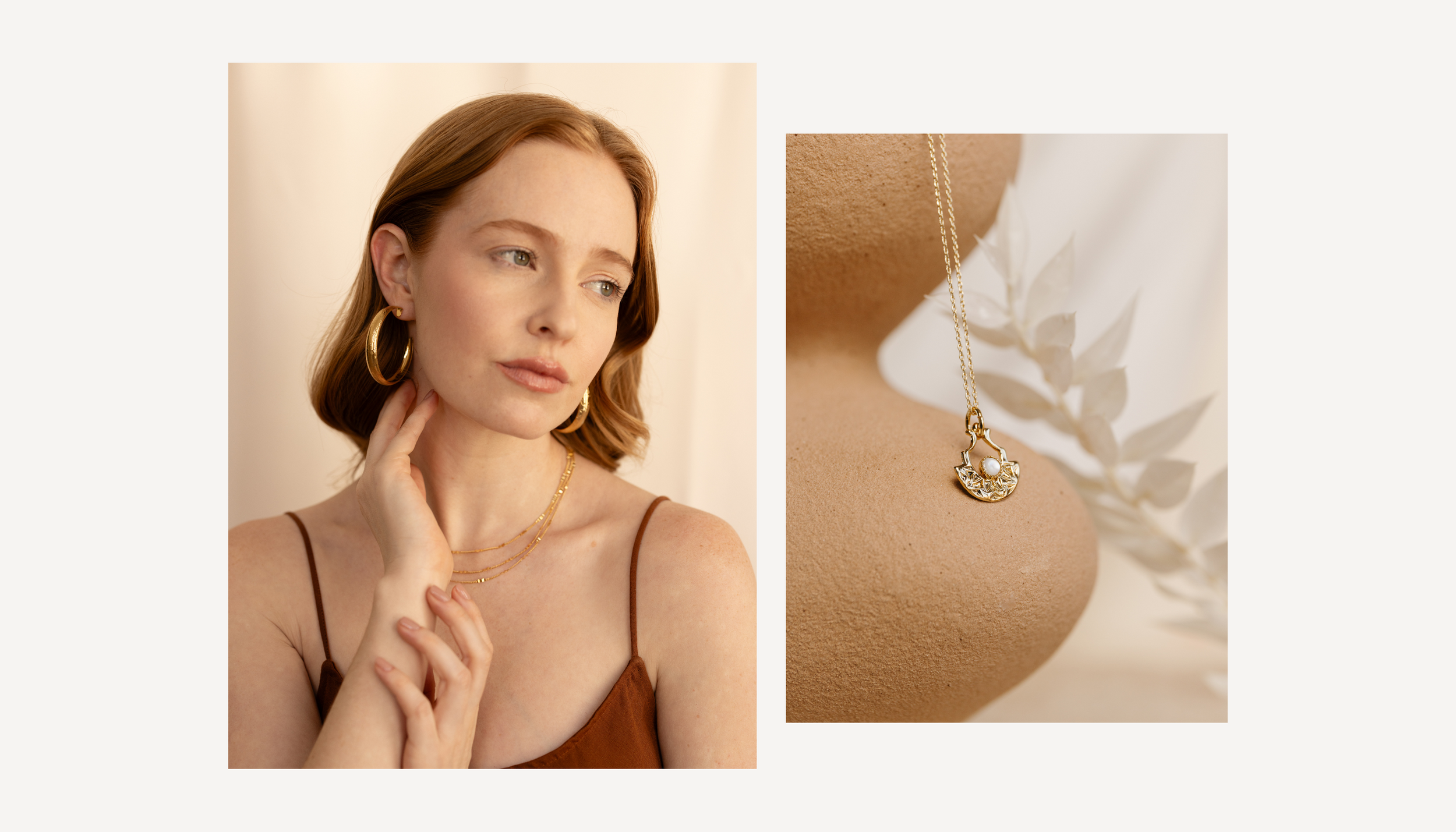 Elegant minimalist jewelry styling featuring a delicate gold pendant necklace and muted beige tones.