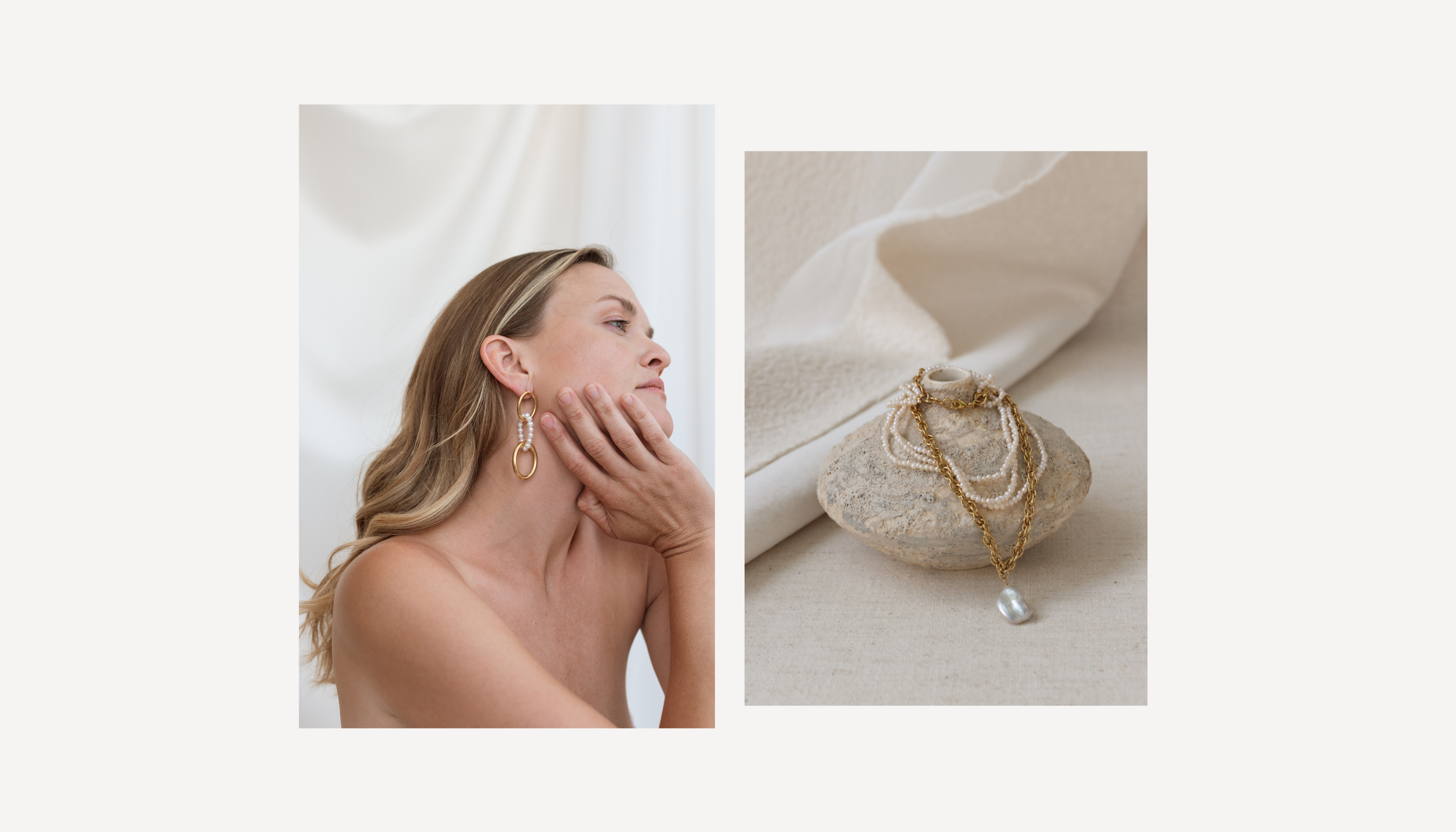 Minimal beauty portrait and gold chain jewelry displayed on beige fabric backdrop.