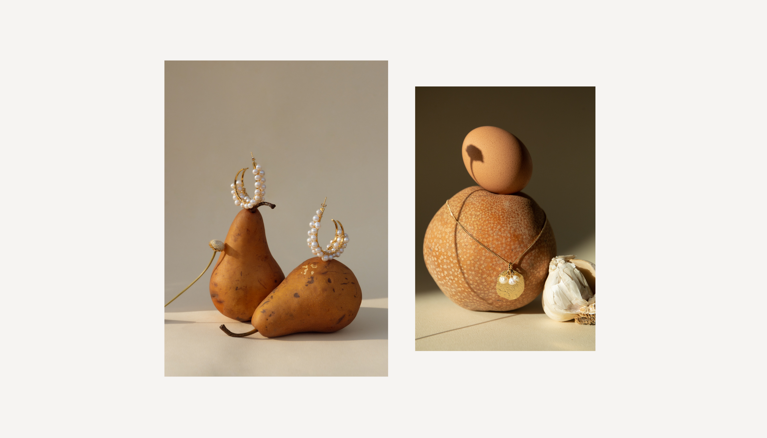 Creative still life photos of jewelry and pears with natural earthy tones.