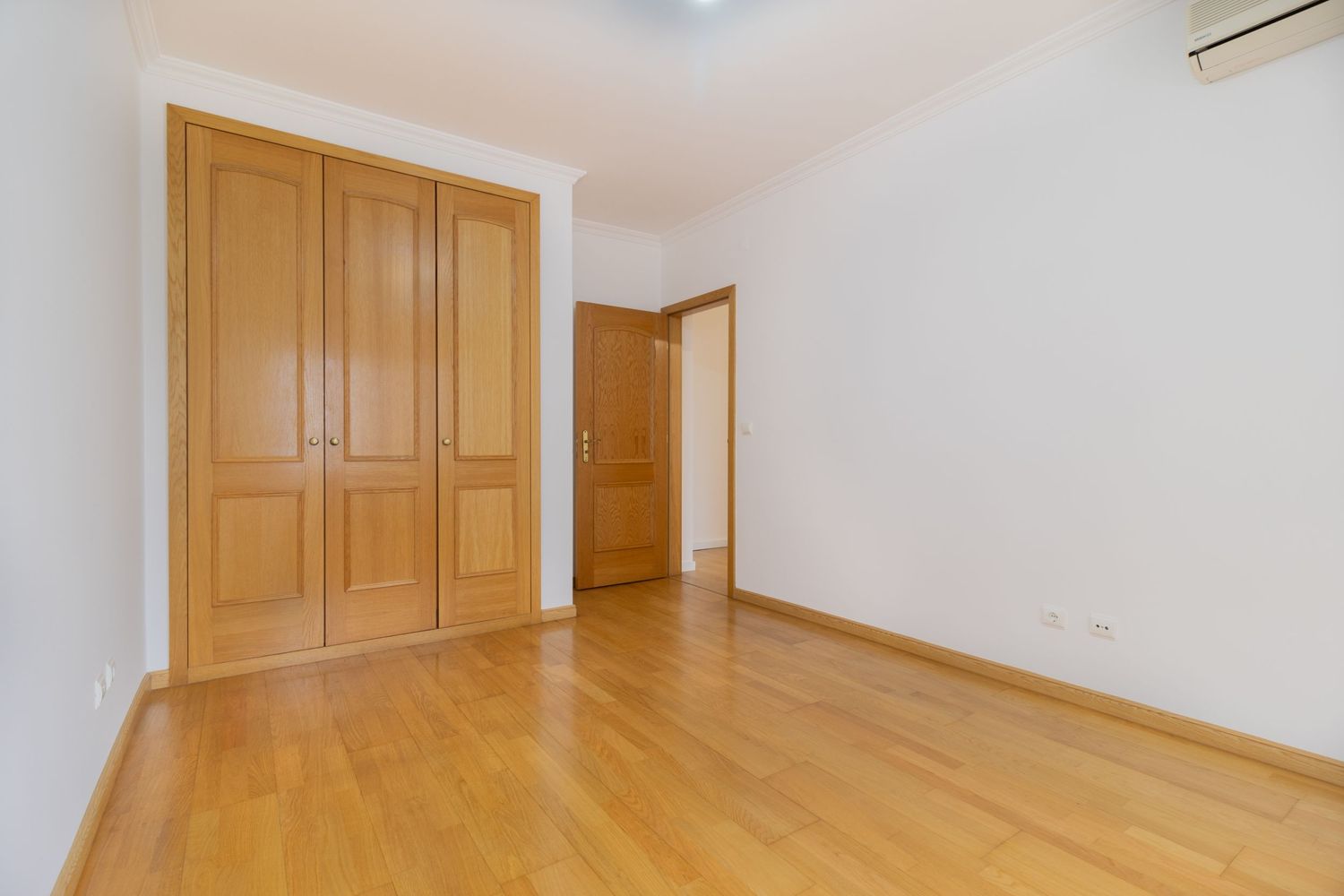 Modern empty apartment interior with wooden floors and doors showing multiple connected rooms.