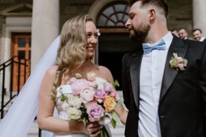 Bride and groom exit St. Thomas Aquinas Church as husband and wife, Halifax Nova Scotia