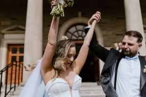 Bride and groom exit St. Thomas Aquinas Church as husband and wife, Halifax Nova Scotia