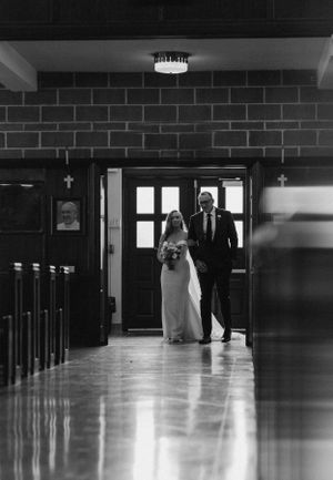 Bride and father of bride walking down the aisle in church ceremony, Halifax Nova Scotia