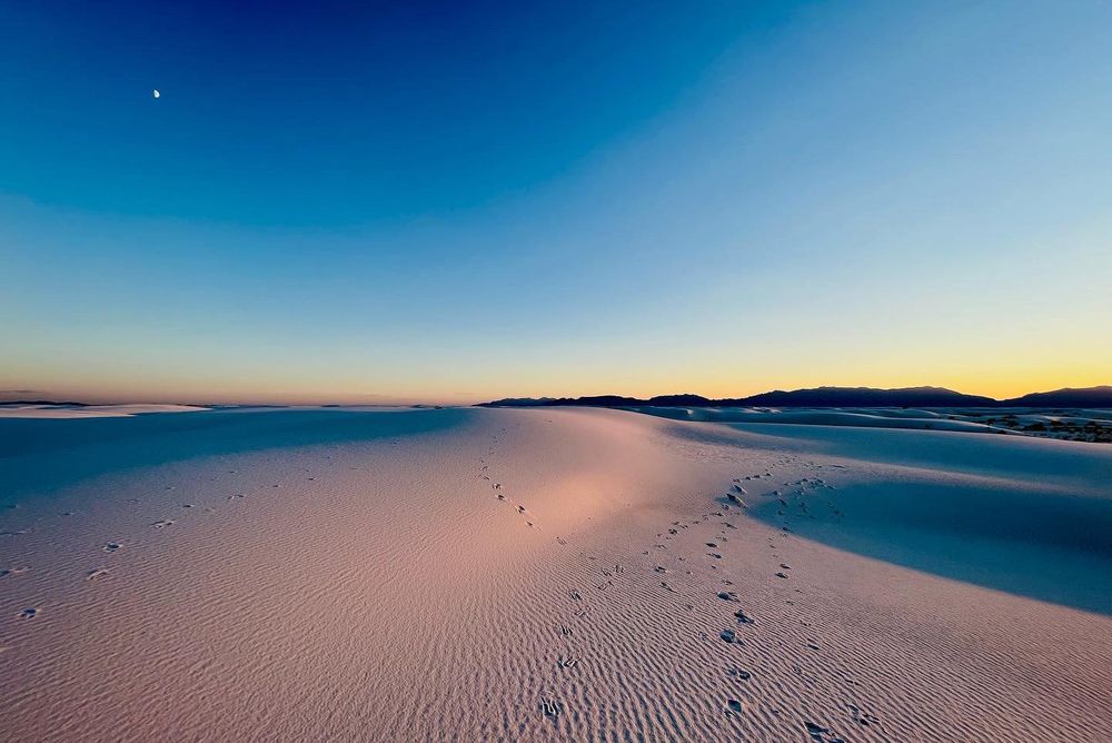 White sand dunes reflect golden light at sunset with footprints trailing across the pristine surface.