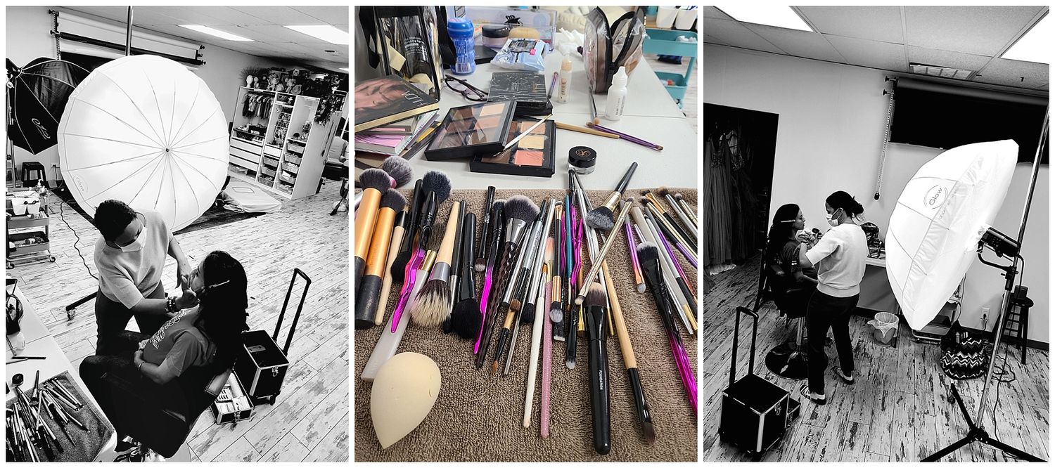 Behind-the-scenes collage showing Austin maternity hair and makeup artist working with professional brushes and studio lighting