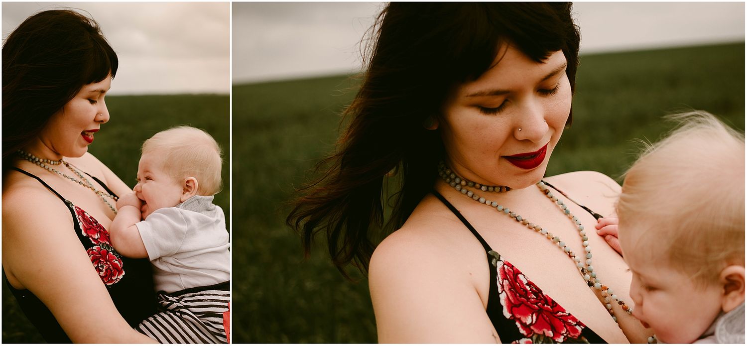 A woman in a floral dress cradles a baby against her shoulder in two intimate photos.