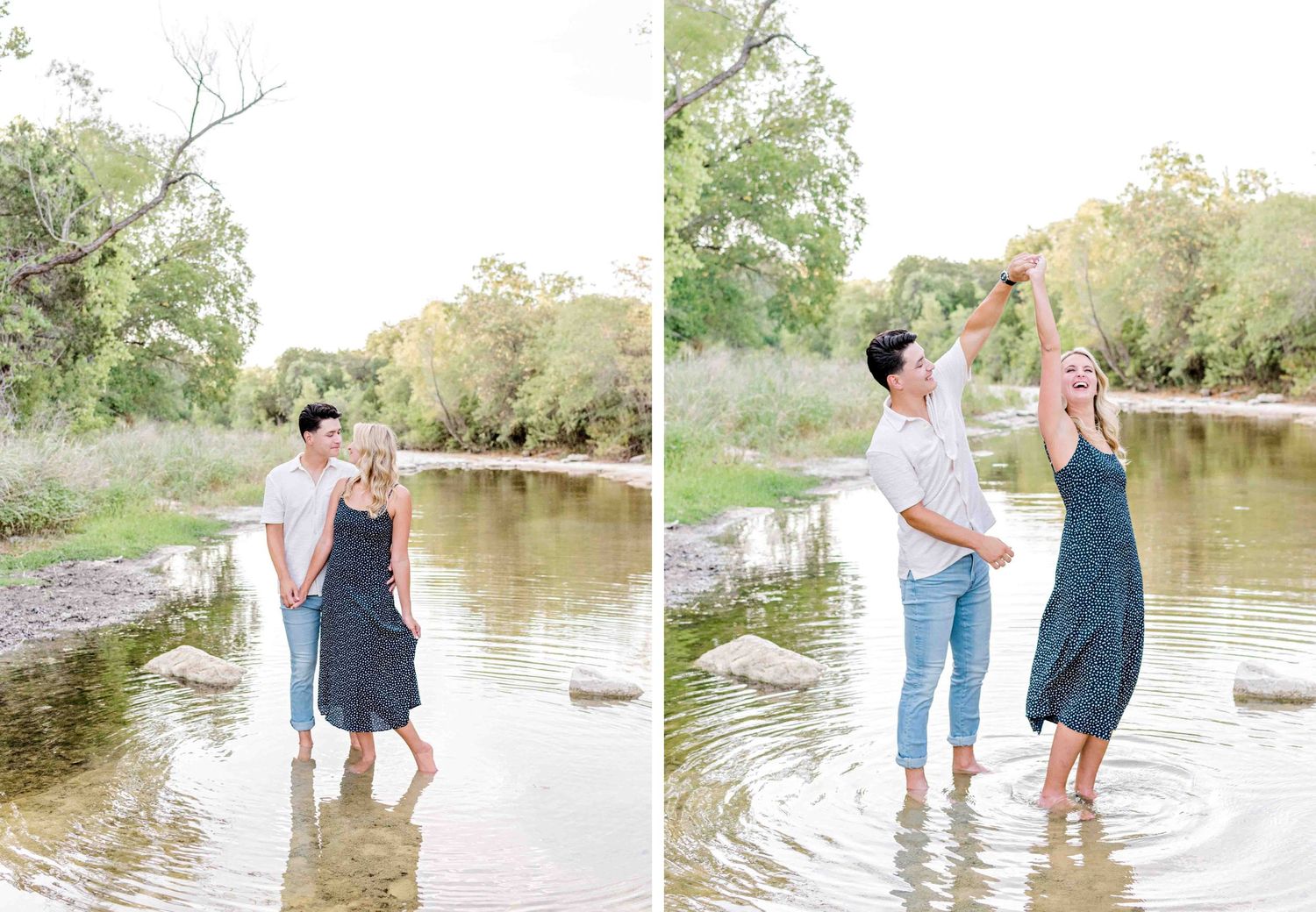 Couple playing and splashing in shallow river water during outdoor photoshoot.
