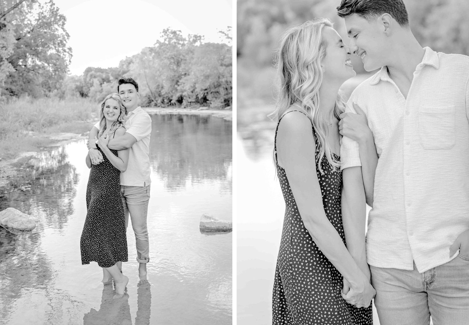 Black and white romantic portraits of couple by riverside in natural setting.