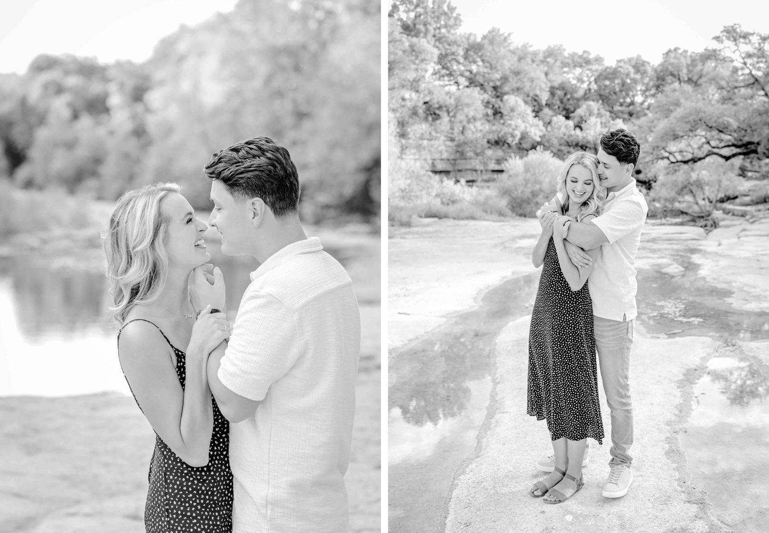 Black and white romantic portraits captured by a tranquil lake with natural surroundings.