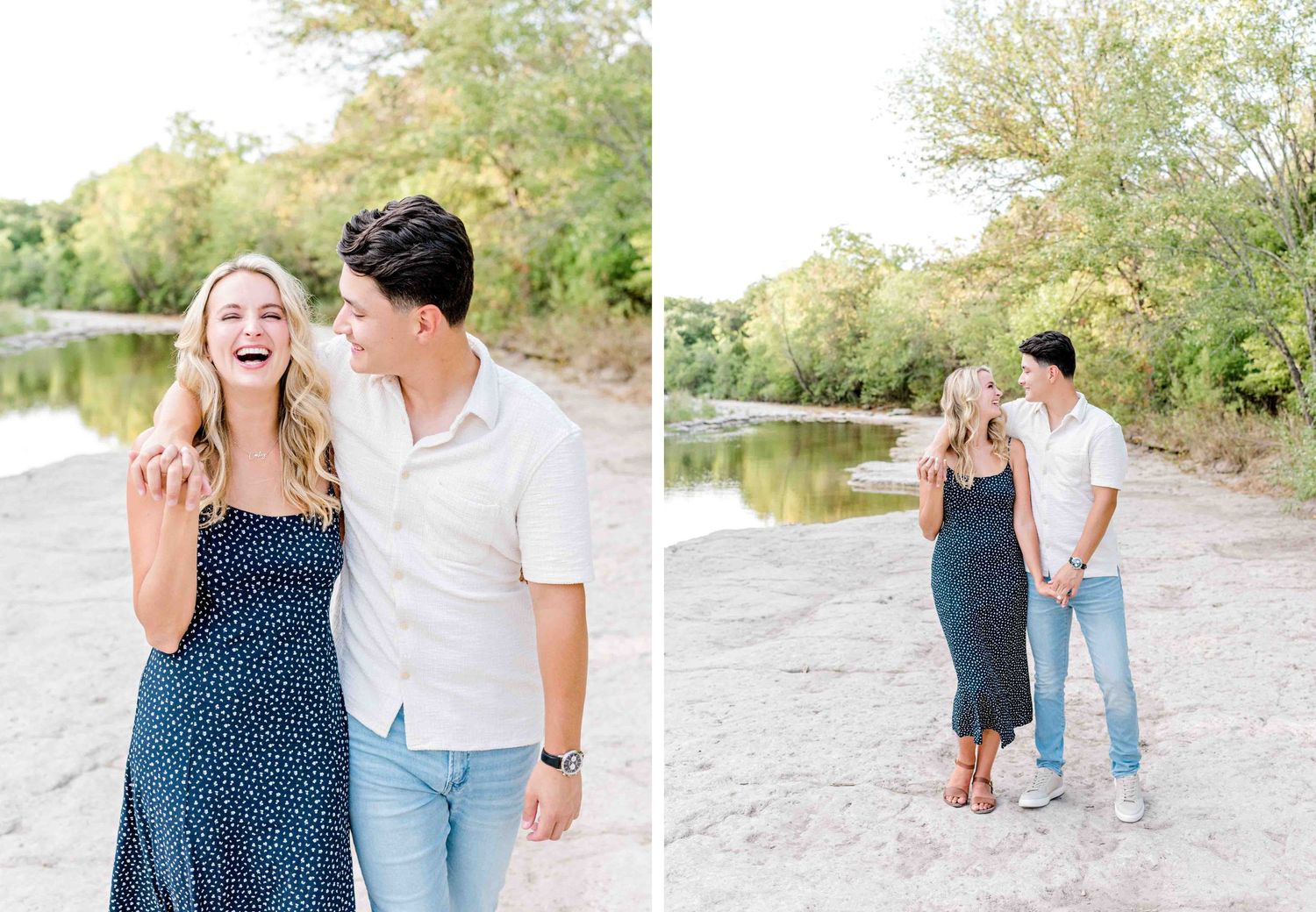 Joyful couple sharing laughs during their outdoor photo session by the water.