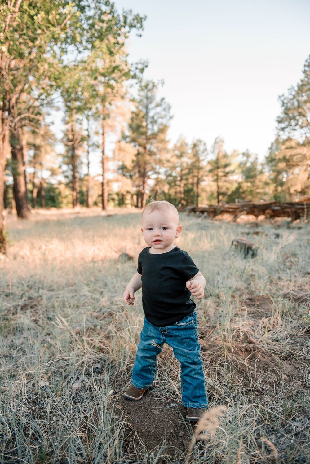 Small child in denim exploring grassy outdoor area during golden hour.