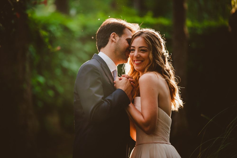 Sunlit wedding portraits in a lush green outdoor setting.