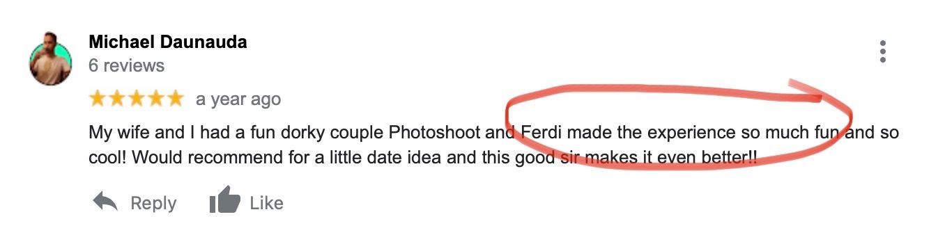 Screenshot of a positive 5-star customer review praising photoshoot experience.