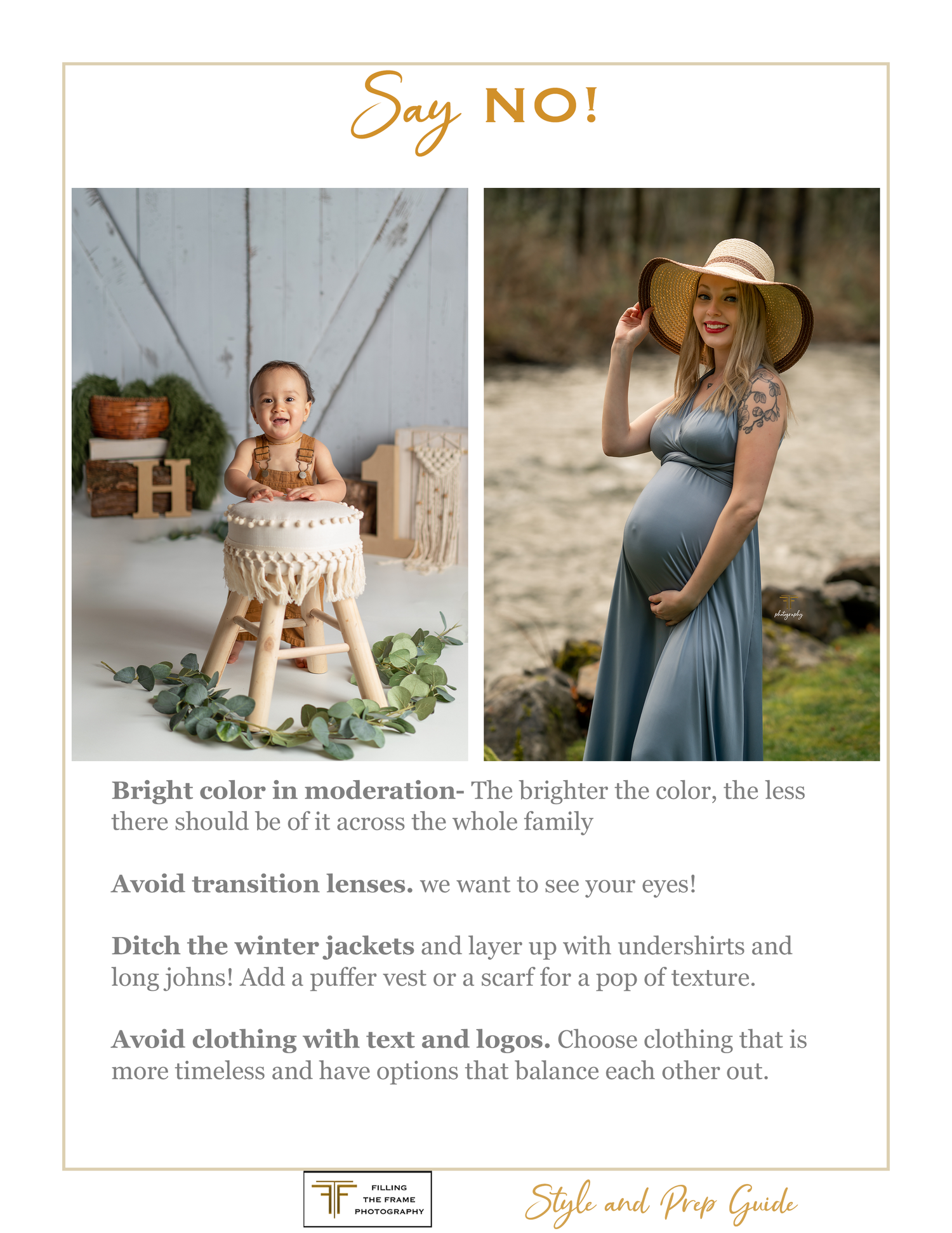 Photography style guide showing what to avoid in portrait sessions with example photos.