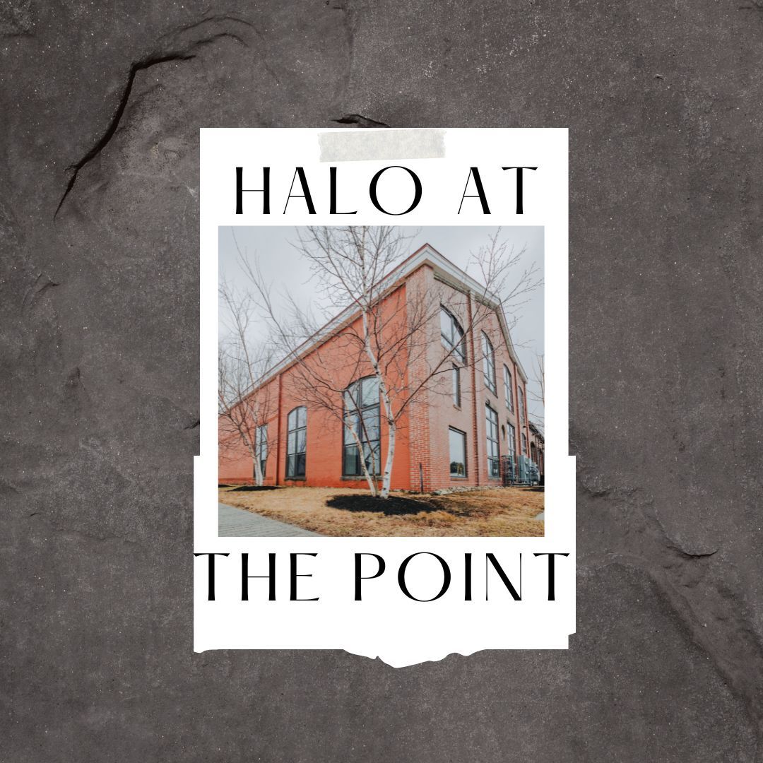 Modern architectural marketing photo of brick building with stylized text overlay.