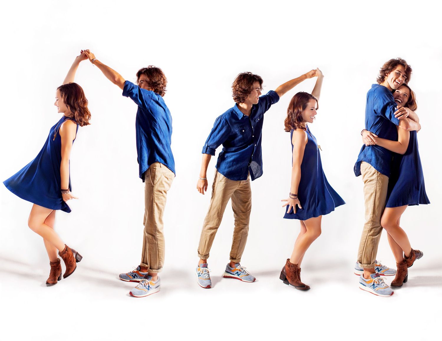 Five dance poses showing a couple performing twirls and spins in coordinated blue and khaki outfits.