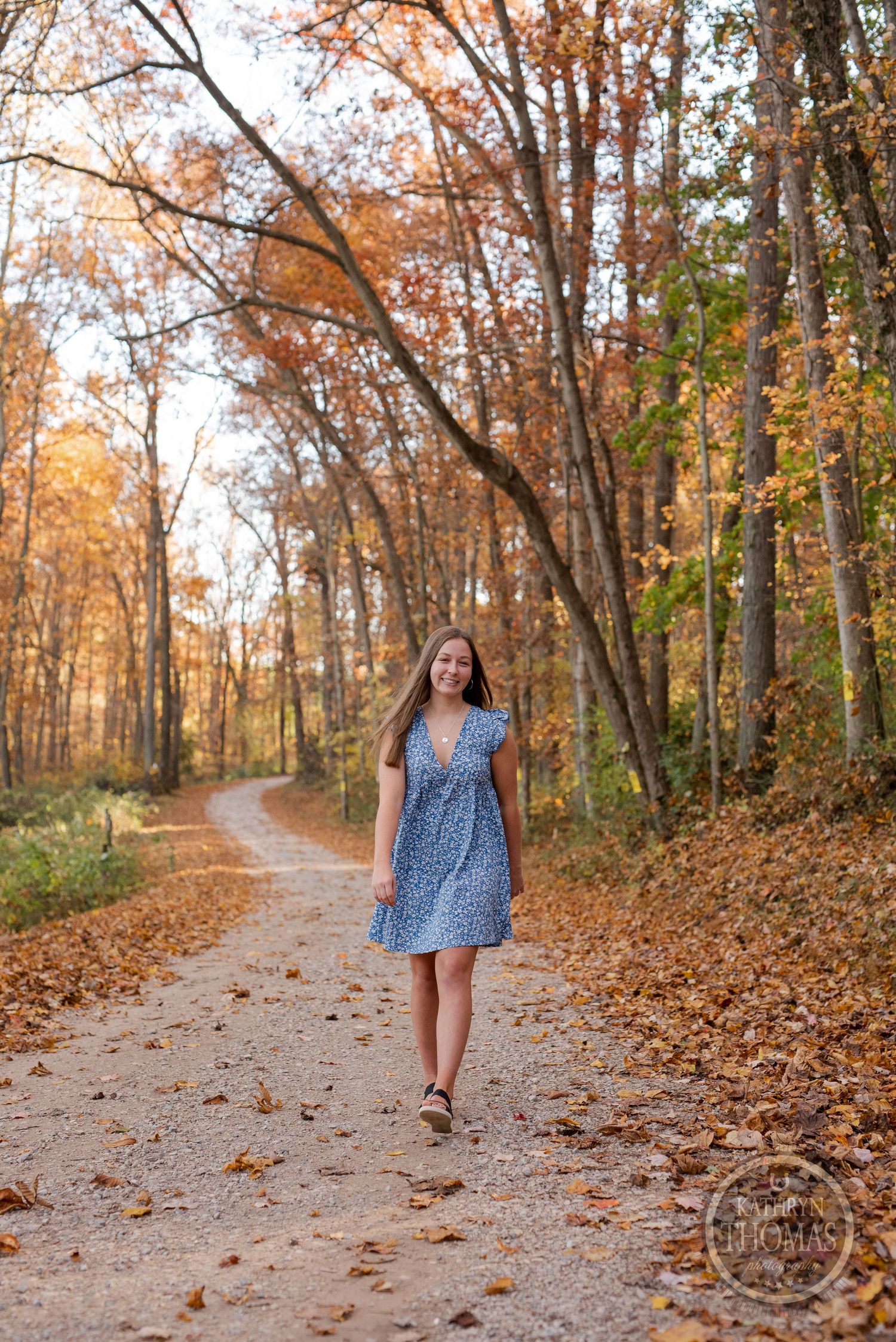 Someone walks along a winding autumn path wearing a blue dress amid golden forest scenery.