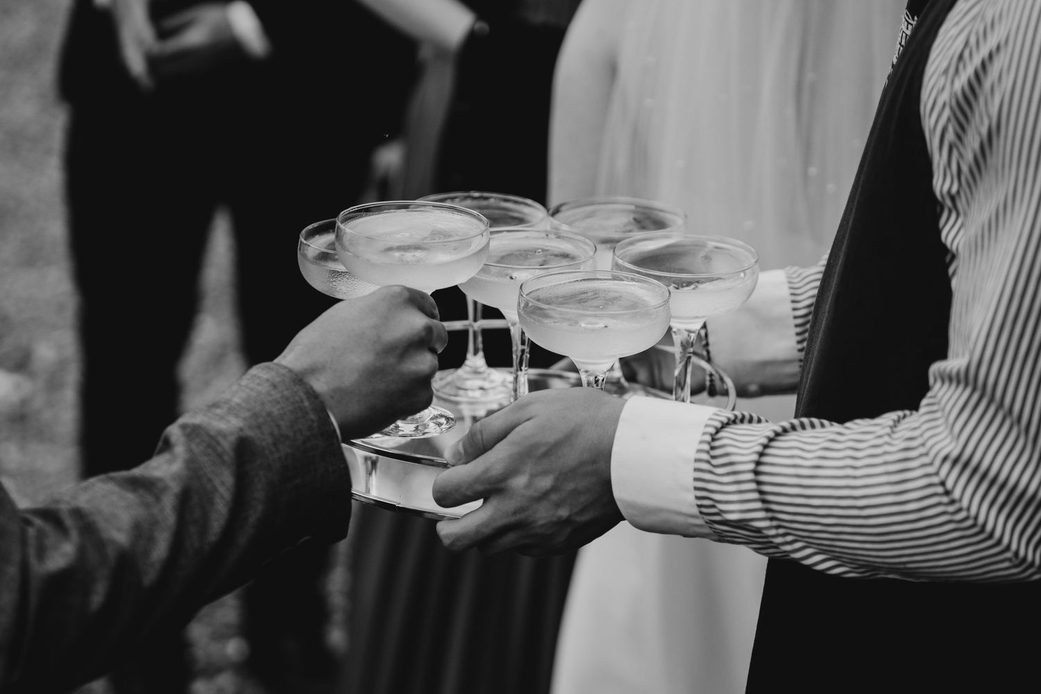 Black and white photo of champagne glasses being served on a tray at an elegant event.